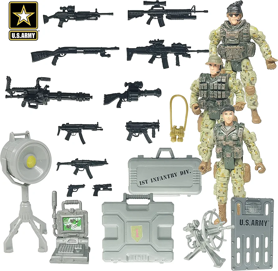 United States Army Recon Platoon Playset with 3 Military Action Figures, Mini Weapons & Accessories - Toy Soldiers for Kids 3+