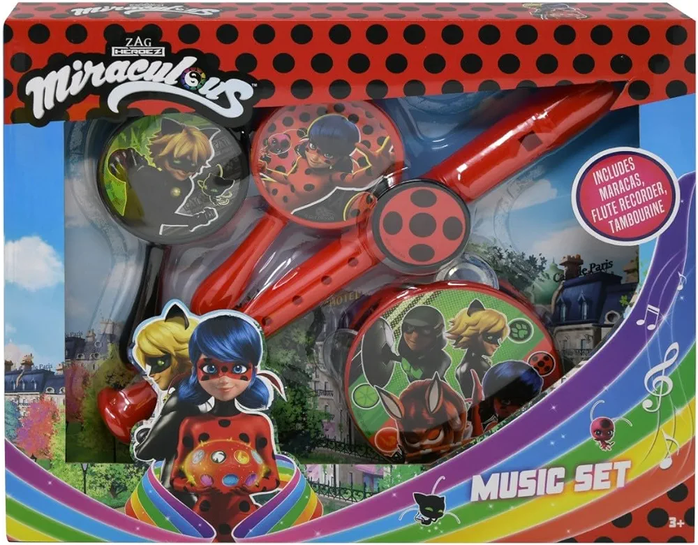 UPD Miraculous Ladybug Basic Music Set – Kids Musical Instruments Set with Maracas, Tambourine, and Flute Recorder for Learning Music – Fun Percussion Instruments for Kids Age 3 and Up