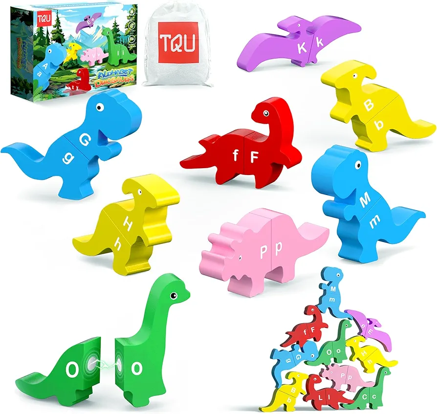 Magnetic Dinosaur Toys for 2 3 4 5 6 Year Old, 26PCS Montessori Alphabet Learning Toys, Educational Matching Letters Fine Motor Toys, Wooden Stacking Building Toys for Toddlers Kids Boys