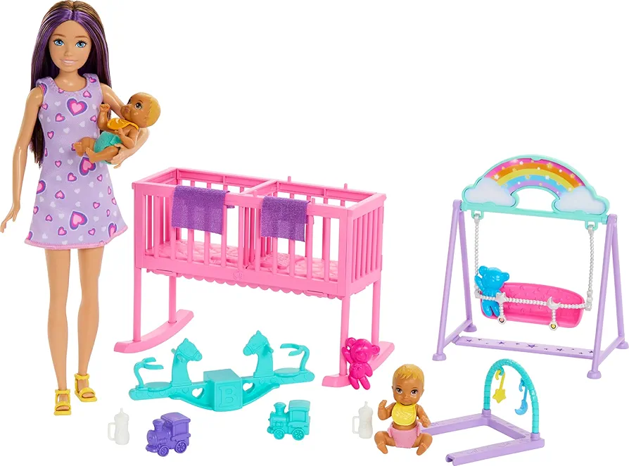 Barbie Skipper Doll & Nursery Playset with Accessories, Includes Twin Baby Dolls, 1 Crib, 1 Swing, 1 See-Saw & More