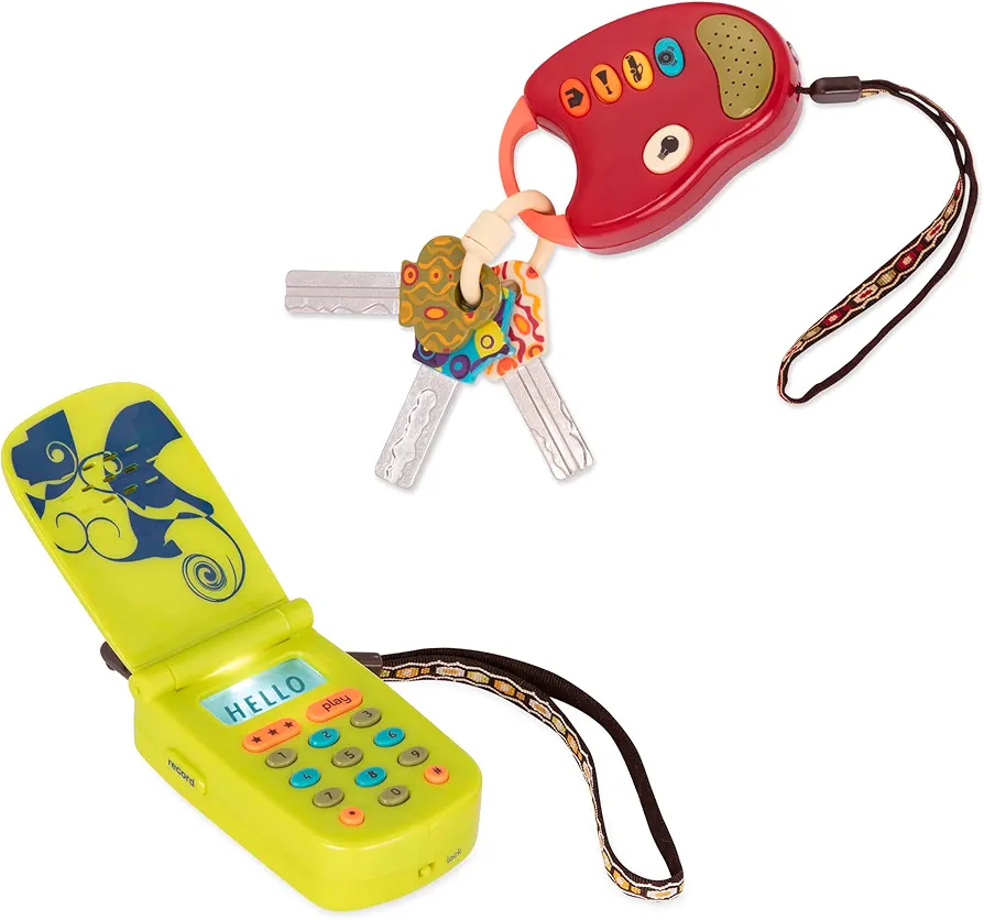 B. toys – Toy Car Keys & Cellphone – 2Pc Sensory Bundle – Developmental Toy for Babies, Toddlers – Red Keys & Green Play Phone – 10 Months + – FunKeys + Hellophone Set