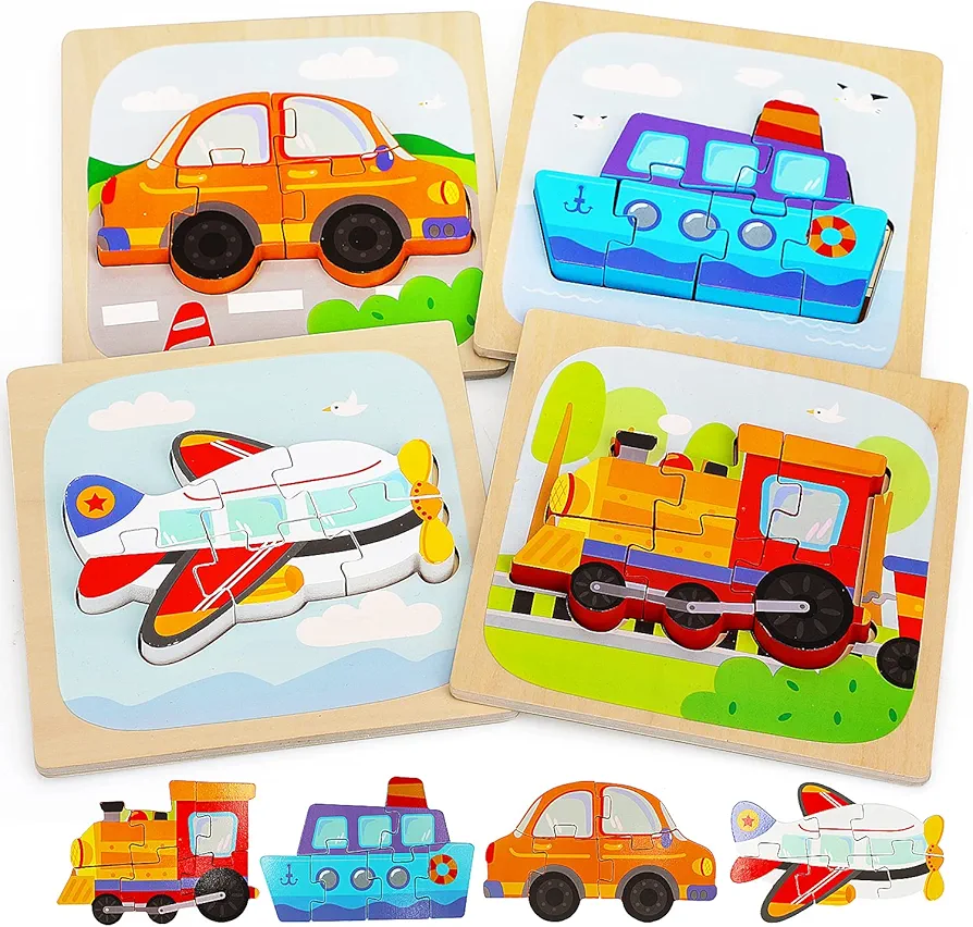 TOY Life 4 Pack Wooden Puzzles for Toddlers - Traffic Shape Montessori Toy - Jigsaw Puzzles with 4 Animal Shape - Early Learning Preschool Educational Toys Gifts for 1 2 3 Years Old Toddlers