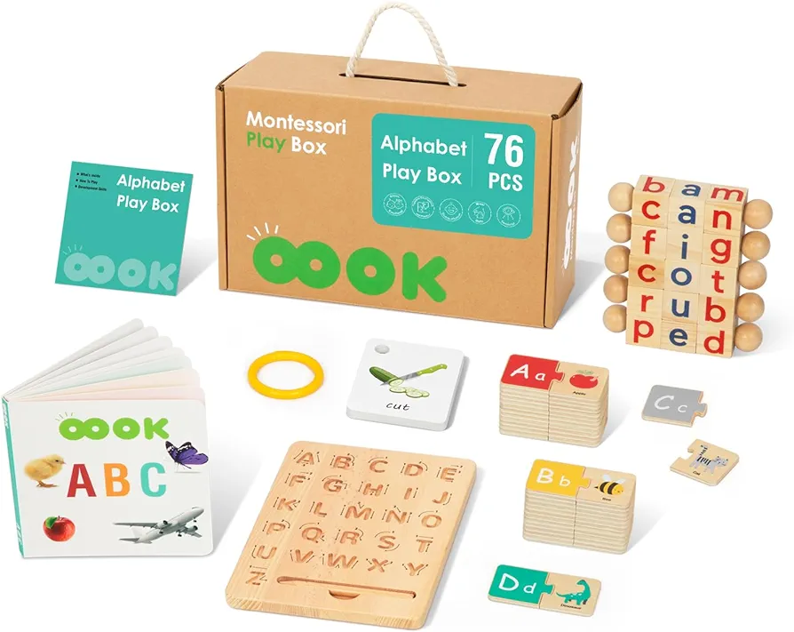 4 in 1 Montessori Set Alphabet Learning Toys includes Wooden Letters Practicing Board, Spelling Games with Flash Cards, Alphabet Book, and Alphabet Puzzle, Educational Toys for 3 4 5 Year Old