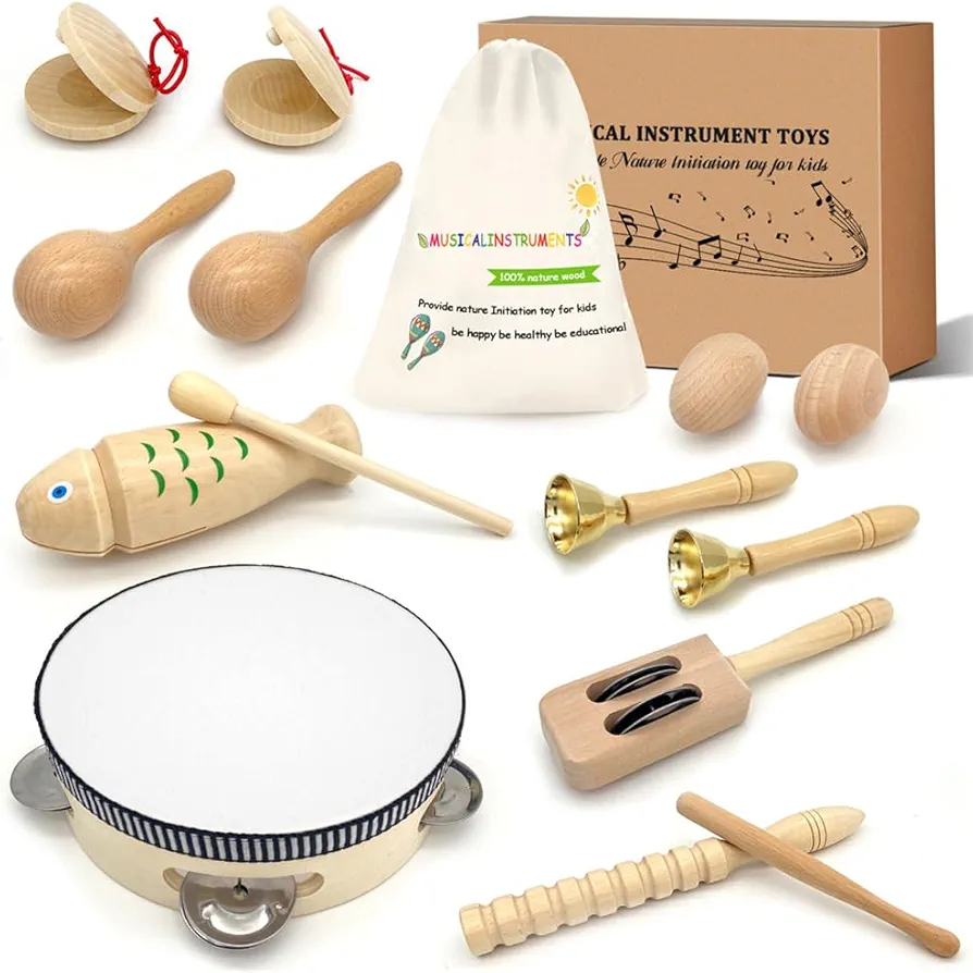 Toddler Musical Instruments - Natural Wooden Musical Toys Percussion Instruments Set Preschool Educational Xylophone Kids Drum Set with Storage Bag for Boys and Girls