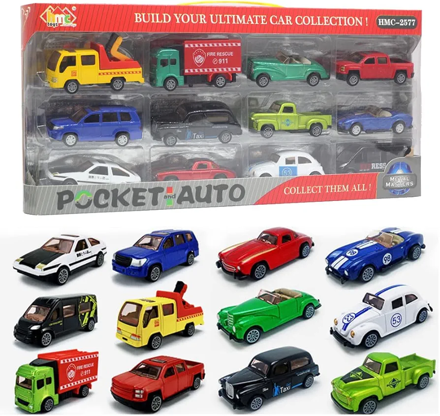 12 PCS Die Cast Metal Pull Back City Cars, 1:60 Scale Die-Cast Vehicles Set, Small Car Toys Bulk for Party Favors, Toy Car Birthday Party Gift for 3 4 5 6 7 8 Years Old Boys and Girls