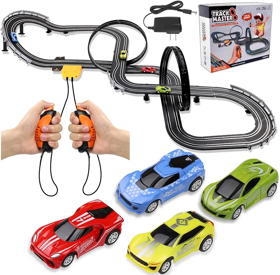 Slot Car Race Track Sets, 23ft Battery Powered or Electric Track with 4 Slot Cars, Dual Racing Game Lap Counters, Race Track Set Features a Loop, Turns, Straightaways and a Crossover for Boys Age 6-12