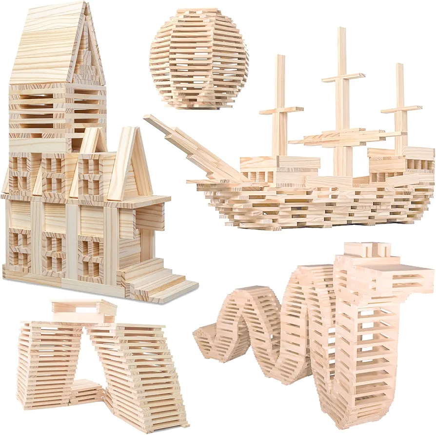 Wooden Plank Building Blocks 200PCS Sensory Toy for Kids, Montessori STEM Playset with Natural Pine Wood Creative Shapes for Educational Preschool Learning 3D Space Stacking Games for Boys Girls