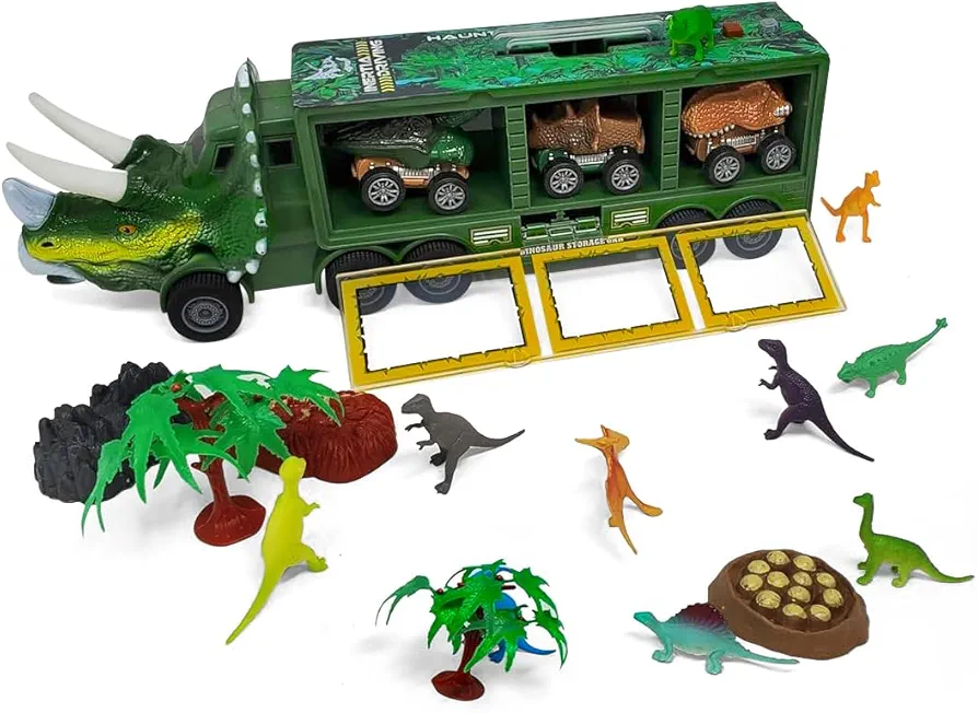 Kovot Dino Transport Truck Playset: 14" Long with Light & Music, 3 Cars, 27 Mini Dinosaurs, Props, Car Launcher, and Ramp - Interactive Educational Gift for Kids