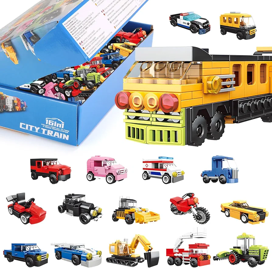 16 Mini Vehicles Building Blocks Toy Set, Vehicles Set Stem Toys, Party Supplies Gifts Party Favor for Kids, Birthday, Carnival Prizes