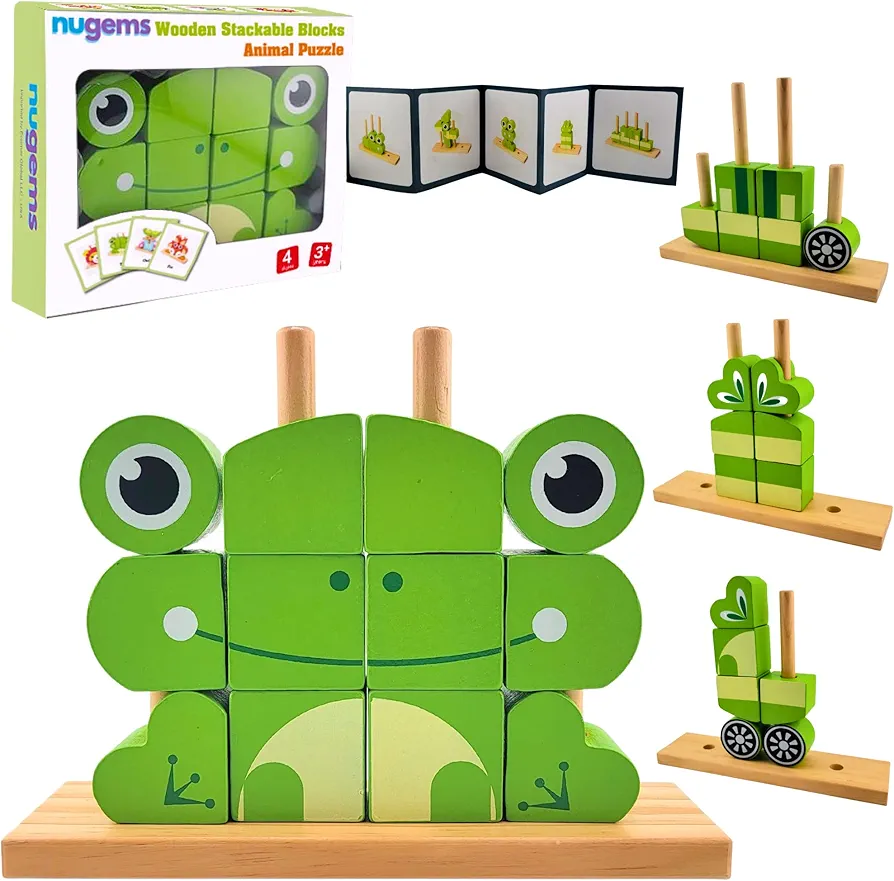 Wooden Puzzle for Kids Montessori Building Blocks - Learning Educational Preschool Toys, 3D Animal Stacking Puzzles for Toddlers 3,4, 5, 6 Year Old Boys & Girls (Frog Green)