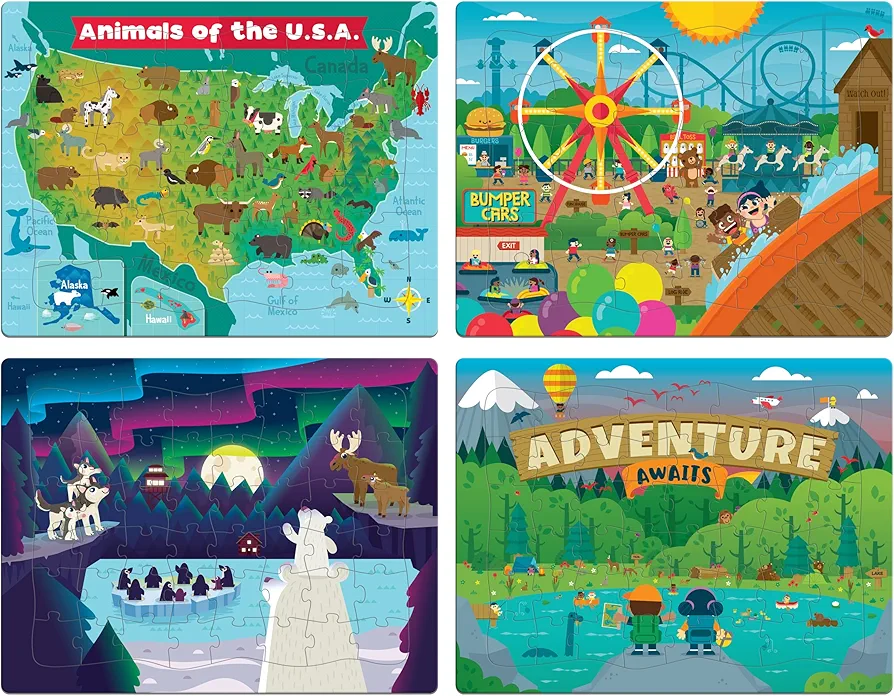 Chuckle & Roar - 4 Pack Tray Puzzles - USA Animal Map, Polar Animals, Adventure Awaits, Fair - Larger pieces designed for preschool hands - 36 & 48 PC Tray Puzzles