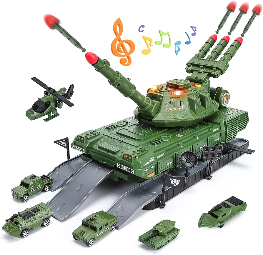 GAOMON Army Tank Toys for Boys, Military Toy Tank with 6pcs Alloy Die-Cast Army Vehicles, Military Vehicles Play Set with Light, Sound & Missiles Shooting, Birthday Gift for Kids Boys Age 3+