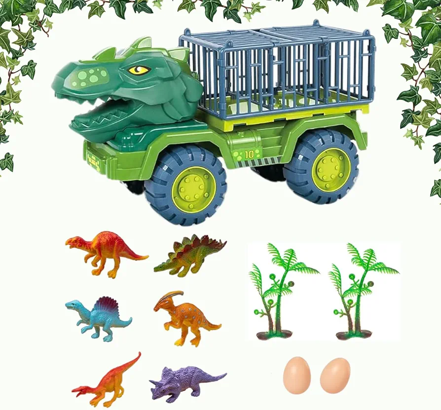 Dinosaur Truck for Kids - Transporter Dino Truck with Trex Head - Dinosaur Toys for Kids 3-5 - 6 Dino Figures - Dinosaur Eggs and Tree - Dinosaurs Toys for Boy - Toddler Toy (T-Rex Truck)