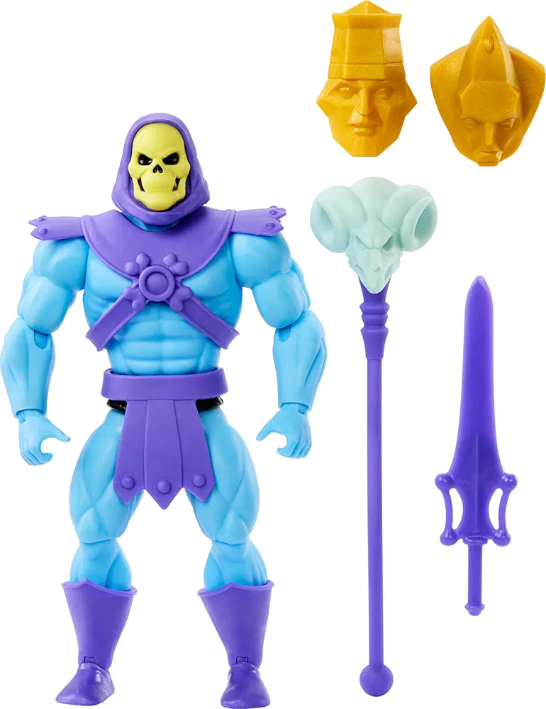 Masters of the Universe Origins Toy, Cartoon Collection Skeletor Action Figure, 5.5-inch Scale Villain with Armor, Staff, Sword & 2 Masks