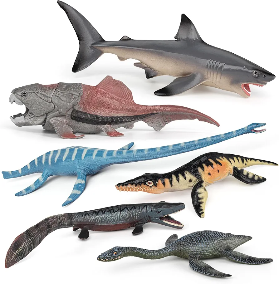 Fantarea Prehistoric Ancient Ocean Animal Model Figures Playsets 7 PCS Dunkleosteus Plesiosaur Tylosaurus Shark Figurines Party Favors Decoration Collection Toys for Boys Girls Kid