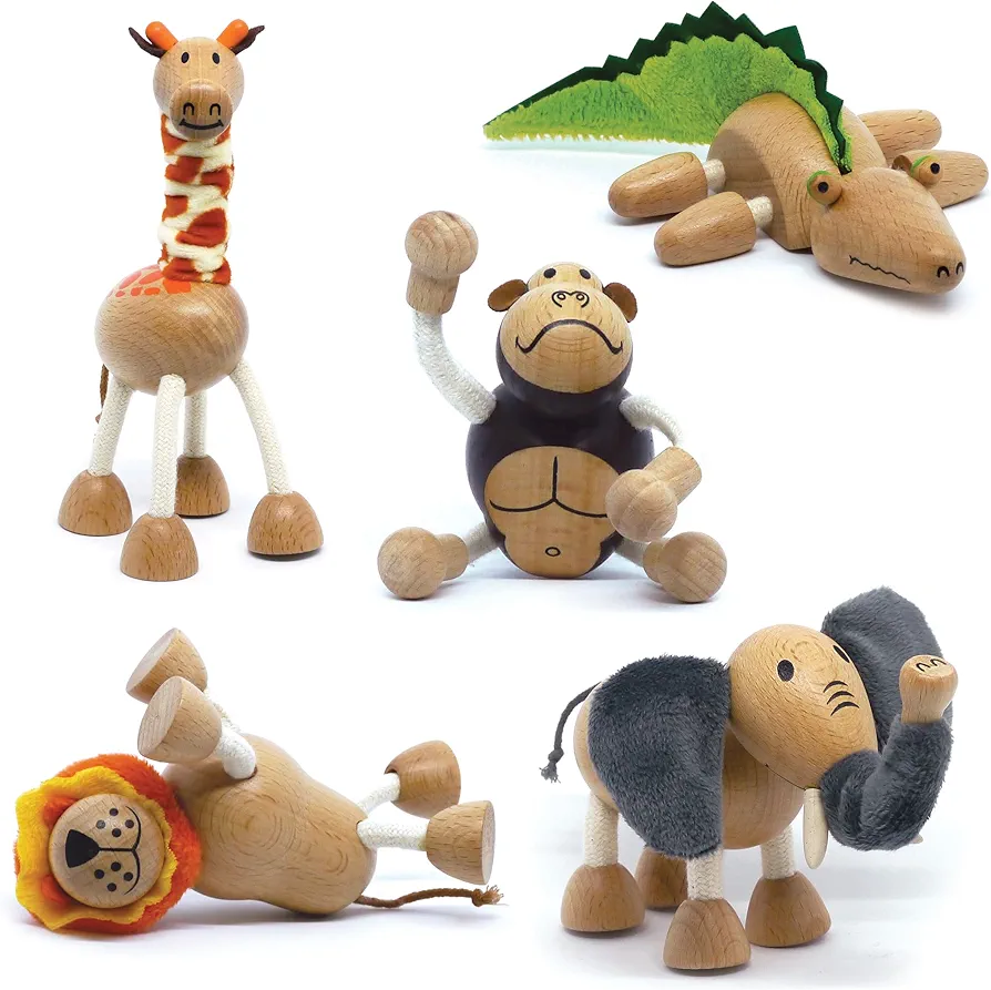 Wooden Animal Toys for Toddler, Posable Wooden Safari Toy Playset, Wooden Toys Fun Bendable, Child and Planet Safe Wood Jungle Animals, Boys and Girls, 5 Figures Safari Toys Set