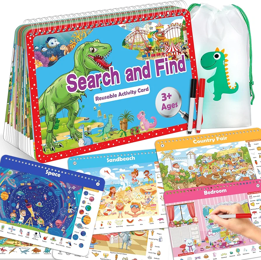 Search and Find Book for Kids Ages 4-6,3-8, Reusable Activity Mats with 2 Dry Erase Markers 24 Themes Activity Book,Educational Toys for 3+ Year Old