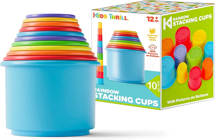 KIDSTHRILL Rainbow Colors Baby Stacking Cups for Toddlers, Tall Baby Stacking Toys Nesting Cups, Drain Holes for Bath Toys, Educational & Motor Skills Sorting & Nesting Toys for 1 2 3 Years Old