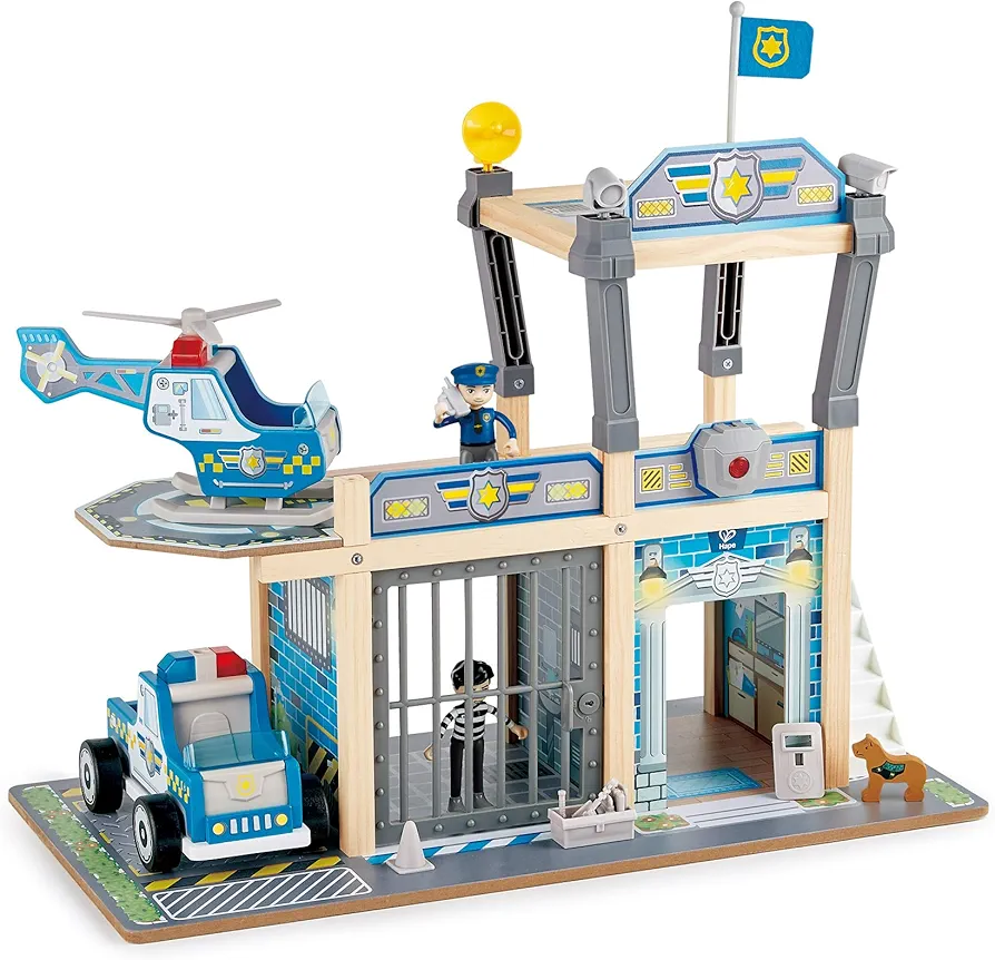 Hape Metro Police Station Play Toy Set with Sounds and Lights| 2-Level Wooden Pretend Play Toy with Action Figures and Accessories