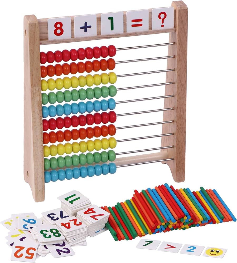 Wooden Abacus for Kids Math with 100 Counting Sticks and Number Toys Cards 1-100, Educational Math Games Preschool Learning Toys, Math Manipulatives for Elementary 1st 2nd Grade