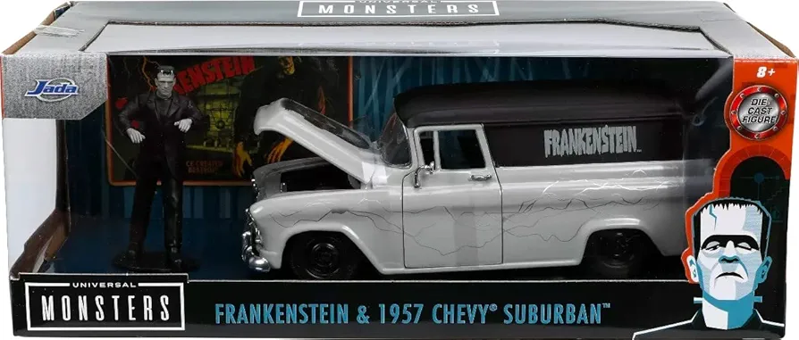 Jada Toys Universal Monsters 1:24 1957 Chevy Suburban Die-cast Car & 2.75" Frankenstein Figure, Toys for Kids and Adults