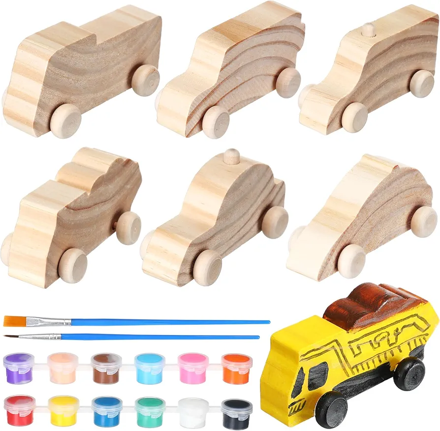 6 Pcs Large Unfinished Wooden Car to Paint 4'' Wood DIY Car Toys and 12 Color Acrylic Paint Set for Student Easy Woodworking Set Family Activities Arts and Crafts Kit