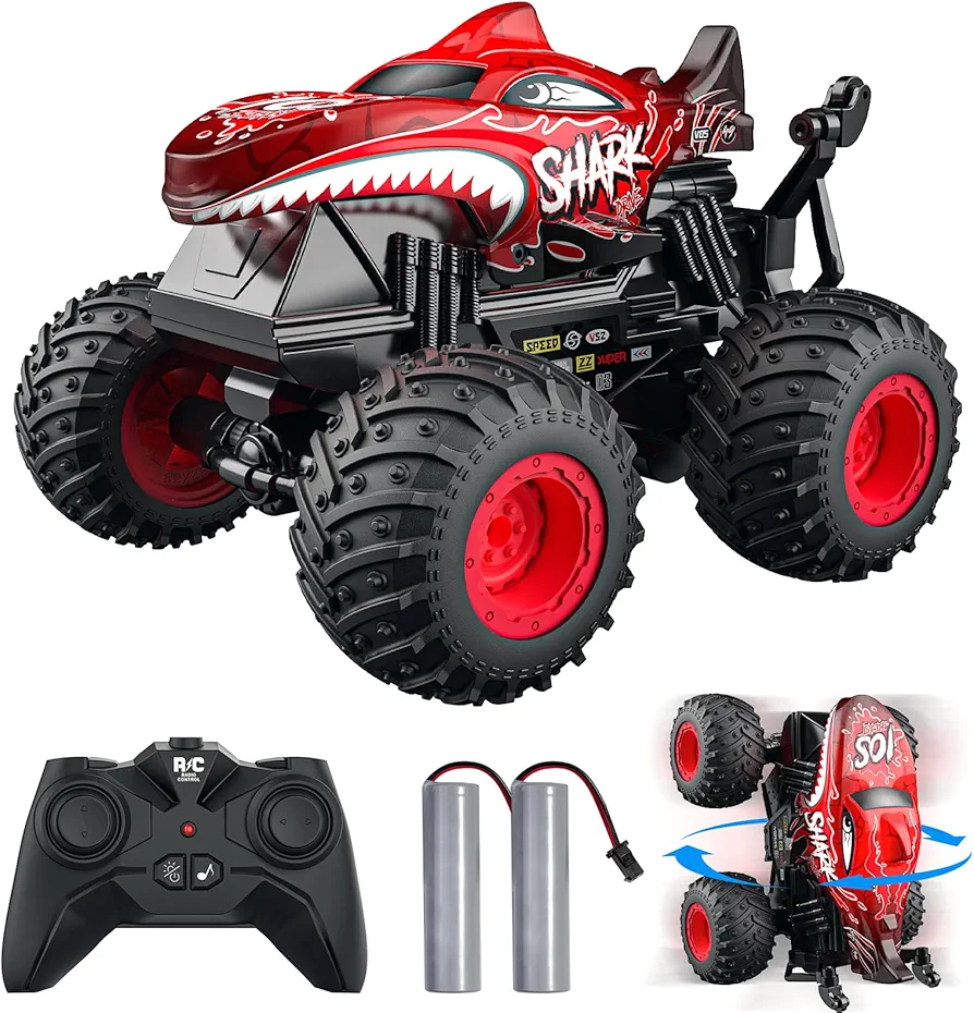 ACAMMZAR Remote Control Monster Truck, 2.4GHz Remote Control Car, RC Trucks 2 Battery 60 Mins+, RC Stunt Cars Toys with Light Sound, Indoor Outdoor All Terrain for Boys Kids Adults, Red