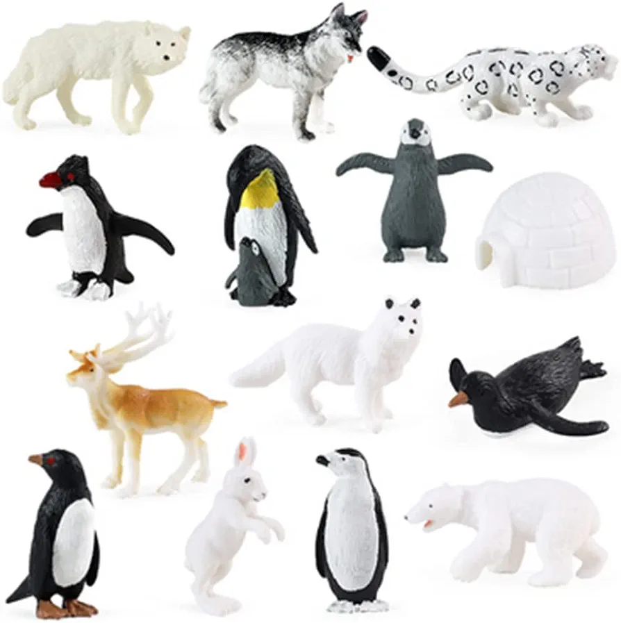 14PCS Realistic Polar Animals Figurines Toy Mini Arctic Animals Toys Set 1-2 Inch Plastic Arctic Tundra Deer Toy Animal Small White Bear Arctic Fox Kids Diorama Birthday Gift