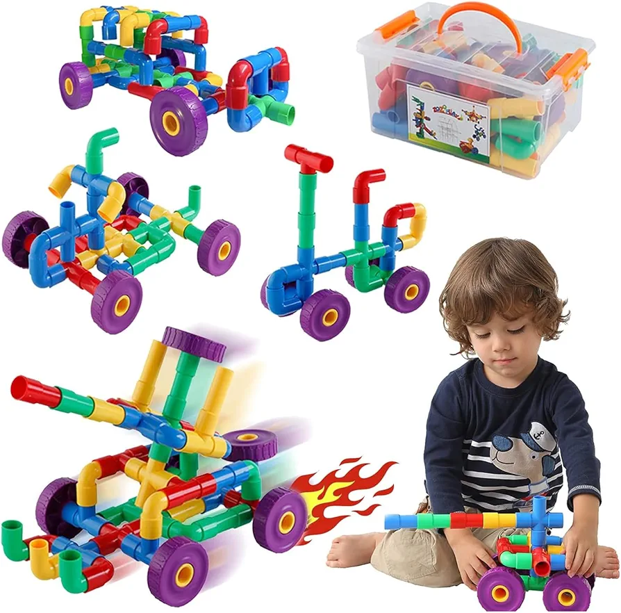 ZOZOPLAY STEM Learning Toy Tubular Pipes & Spouts & Joints 64 Piece Build Bicycle, Tank, Scootie, Moter Skills Endless Designs Educational Building Blocks Set for Kid Ages 3+ Multicolor