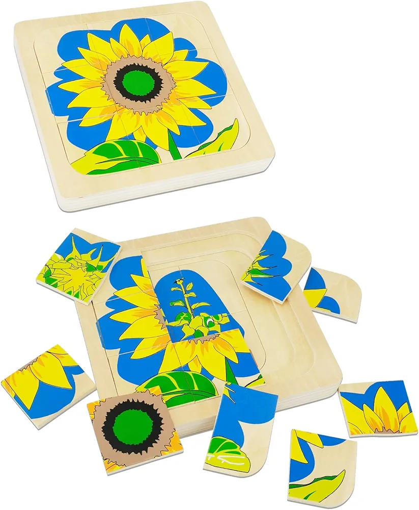 Montessori Wooden Puzzles for Kids Ages 4-8, 4 Layer Life Cycle of Sunflower Jigsaw Puzzle for Toddlers, Children Preschool Learning Educational Puzzles Toys for Boys and Girls (Sunflower)