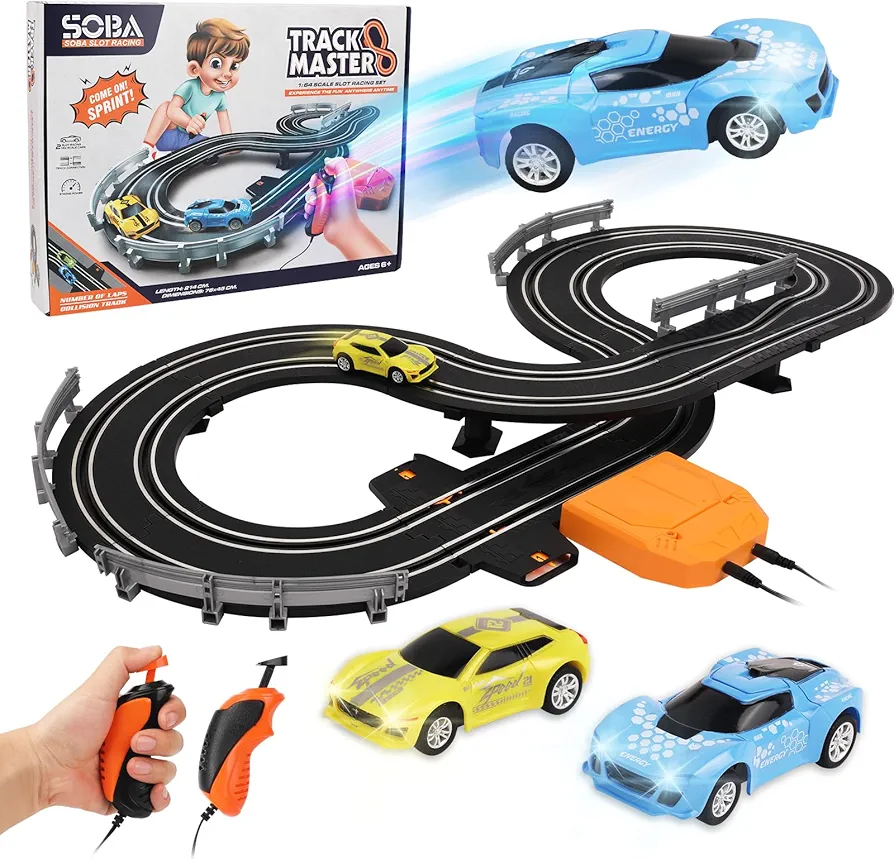 Slot Car Race Track Sets for Kids Toys, with Two Slot Cars and Two Handles to Control The Speed, Circular Overpass Race Track, Two Players Game Suitable for Children