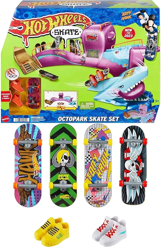 Bundle of Hot Wheels Octopus Skatepark Playset with Tony Hawk Fingerboard & Skate Shoes, Storage + Tony Hawk Fingerboard & Removable Skate Shoes Multipack, 4 Boards, 2 Pairs of Shoes (Styles May Vary)