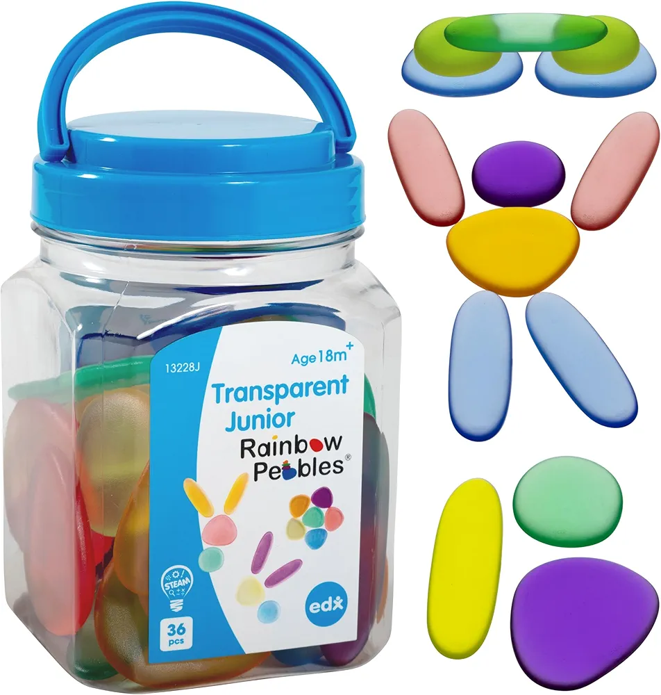 edxeducation-13228 Junior Rainbow Pebbles - Clear Colors - Mini Jar - Ages 18M+ - Sorting and Stacking Stones - Early Math Manipulative for Children - First Counting and Construction Toy