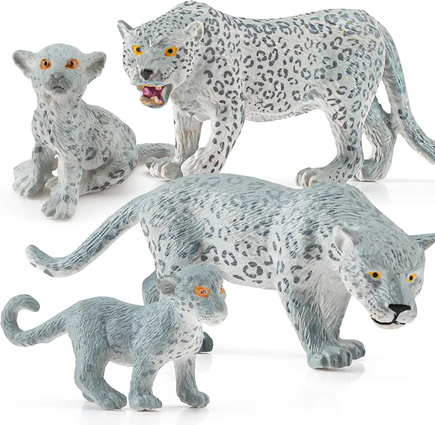 Wild Life Jungle Animal Model Figures Set 4 PCS Snow Leopard Family Forest Playset Birthday Party Favors Classrooms Gift Toys for Boys Girls Kids