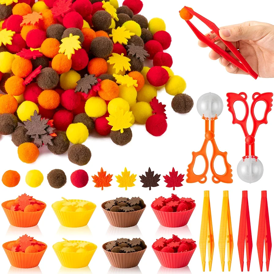 Fall Fine Motor Toys - 294P Fall Thanksgiving Counting Sorting Sensory Bin Filler Set for Kids Autumn Counting Toy with Felt Maple Leaf Pom Poms Cup Clip for Preschool Education Activities