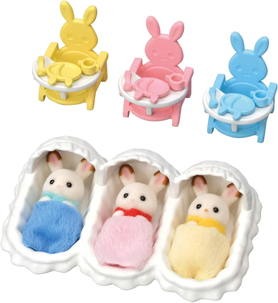 Calico Critters Triplets Care Set - Dollhouse Playset with 3 Hopscotch Rabbit Figures & Accessories Included