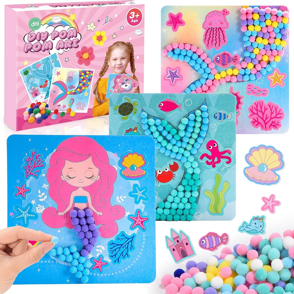 Toddler Arts & Crafts Kit DIY Toy, Girls Mermaid Pom Poms Crafts Gifts for Kids Ages 2 3 4 5 6 - Toddler Crafts DIY Sensory Activity - Builds Fine Motor & Coordination Skills- Makes 3 Art Pieces