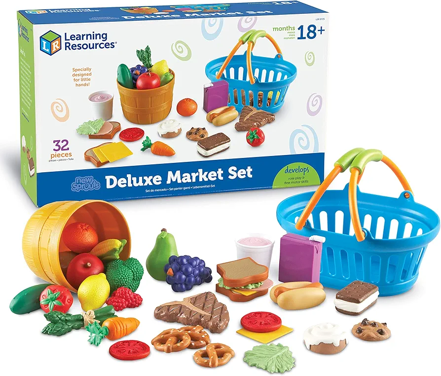 Learning Resources New Sprouts Deluxe Market Set - 32 Pieces, Ages 18+ Months Pretend Play Food for Toddlers, Preschool Learning Toys, Kitchen Play Toys for Kids