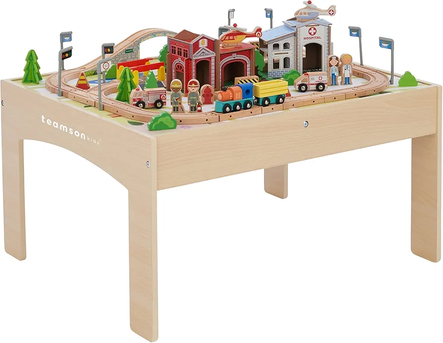 Teamson Kids Train Table Set with 85 Pieces, Preschool Play Lab Activity Table with Wooden Trains, Cars, Railroad, Town Scenery, & More for Kids & Toddlers, Wood Color