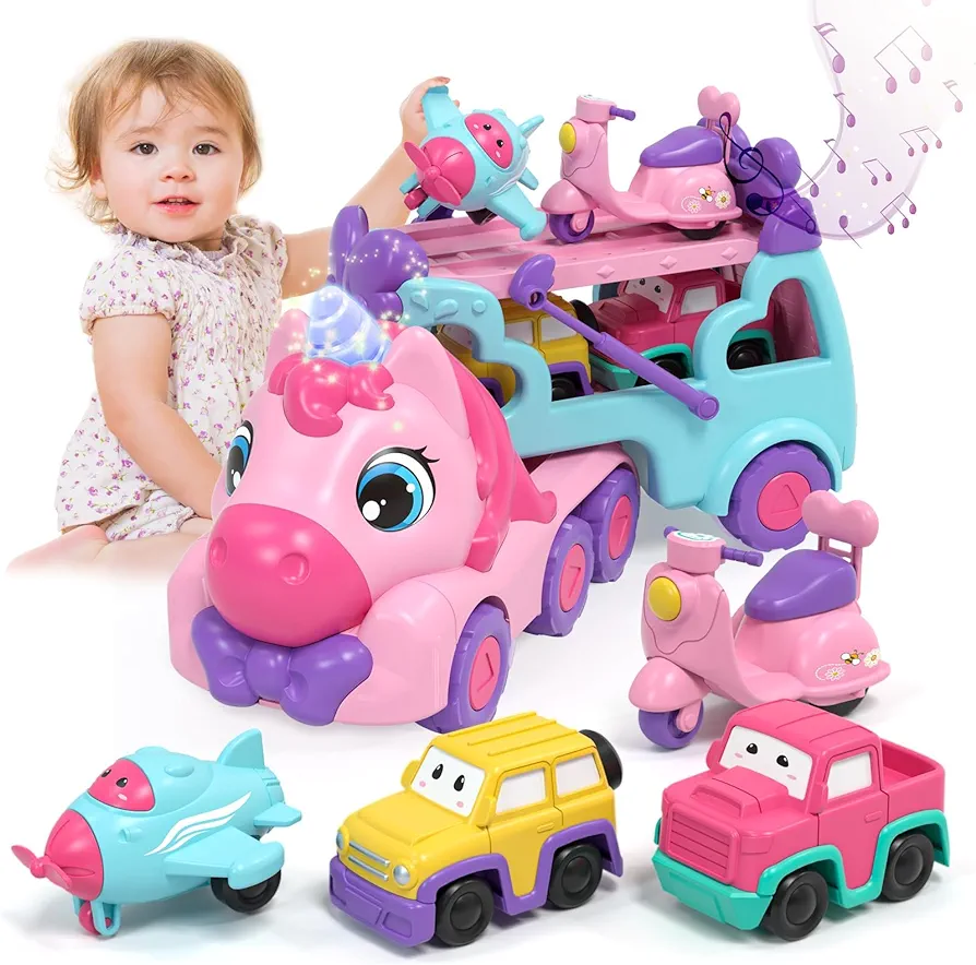 Lehoo Castle Toddler Girl Toys, 2 Year Old Girl Toys with Lights & Music, Toddler Toys 2-3, Unicorn Toys Girl Cars for Toddlers 1-3, Car Carrier Truck Toy, Gift for Girls