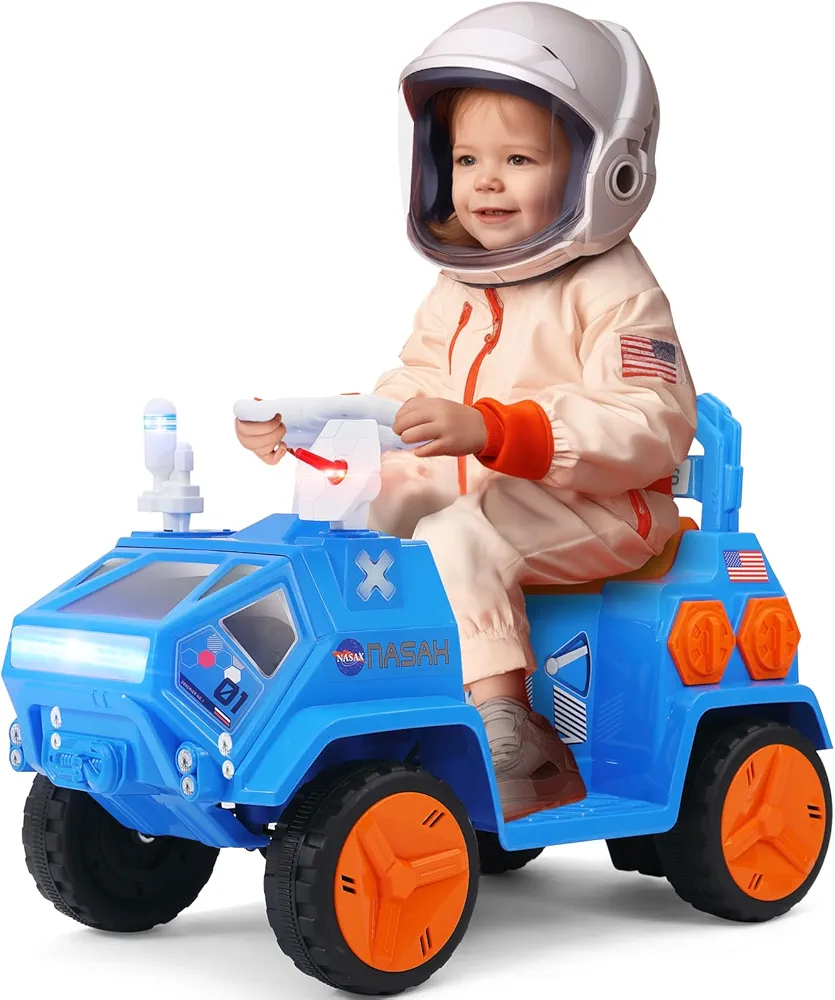 JOYLDIAS 12V Ride On Car for Toddlers, Mars Rover Ride On Toy with Radar, Alarm, Remote Control, Music, Bluetooth, Lights, Blue