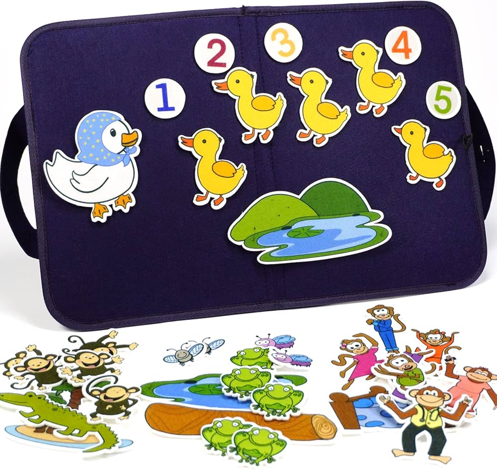 CHEFAN Felt-Board for Toddler, Flannel Board Stories for Preschool Activities, 4 Sets Felt Storytelling Board, Five Little Monkeys, Five Speckled Frogs, Felt Pieces