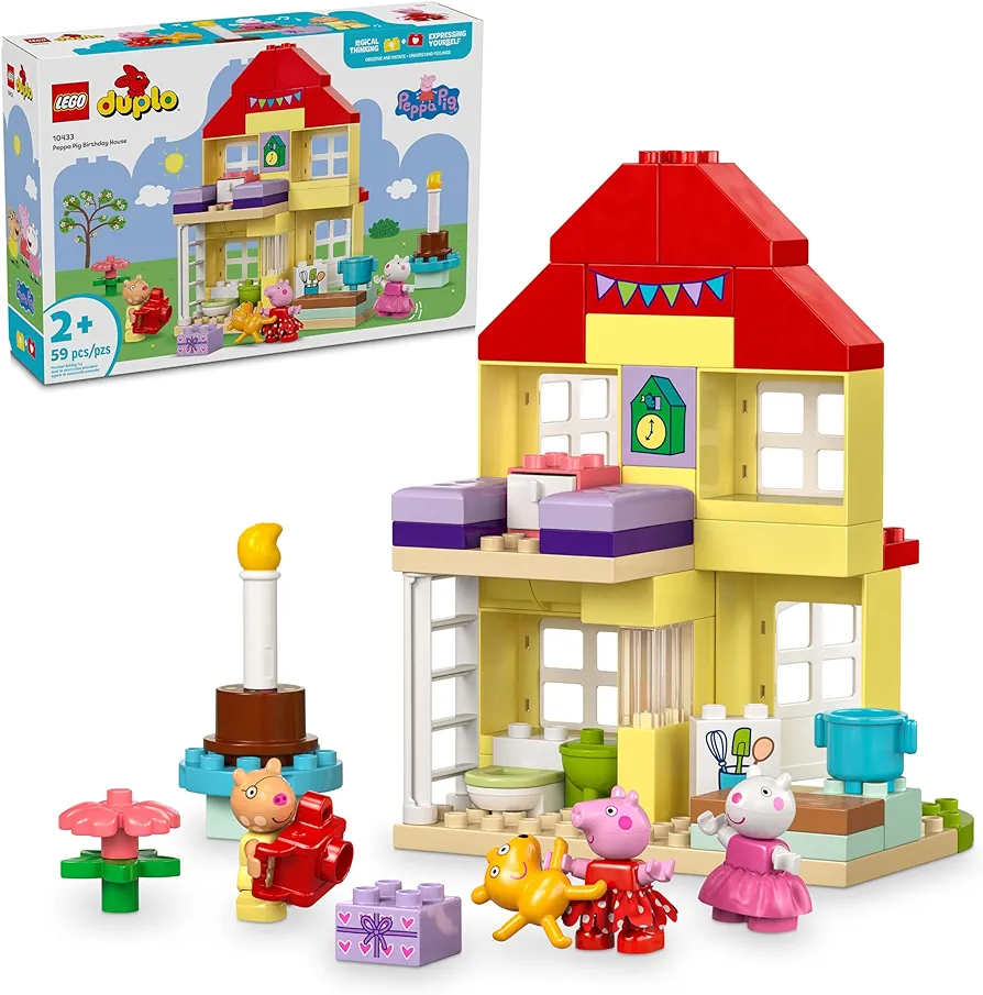 LEGO DUPLO Peppa Pig Birthday House Playset with 3 Animal Figures, Educational Toy for 2 Year Olds, Buildable Dollhouse for Creative Role Play, Peppa Pig Toy for Girls, Boys and Toddlers, 10433