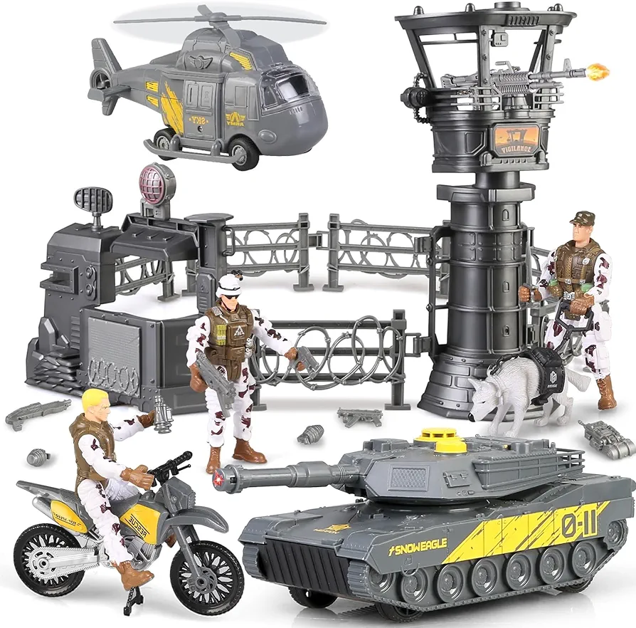 Military Base Toys Set,Military Vehicles Helicopter Tank Toys,Army Men Soldier Action Figures and Weapon Gear Accessories Military Combat Motorcycle Toys for Kids Boys Age 3+