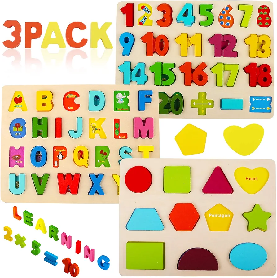 Wooden Puzzles for Toddlers, Voamuw Alphabet Number Shape Learning Puzzle for Kids Ages 3 4 5, Montessori Toys Preschool Education Chunky Jigsaw for Boys and Girls