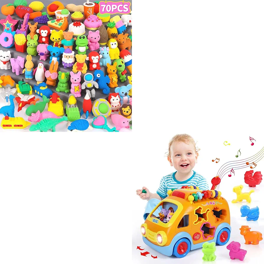 70 Pack Animal Erasers for Kids Bulk Desk Pets Classroom Prizes Treasure Box Toys with Toy Cars for 1 Year Old Boy Gifts Baby Toys 12-18 Months