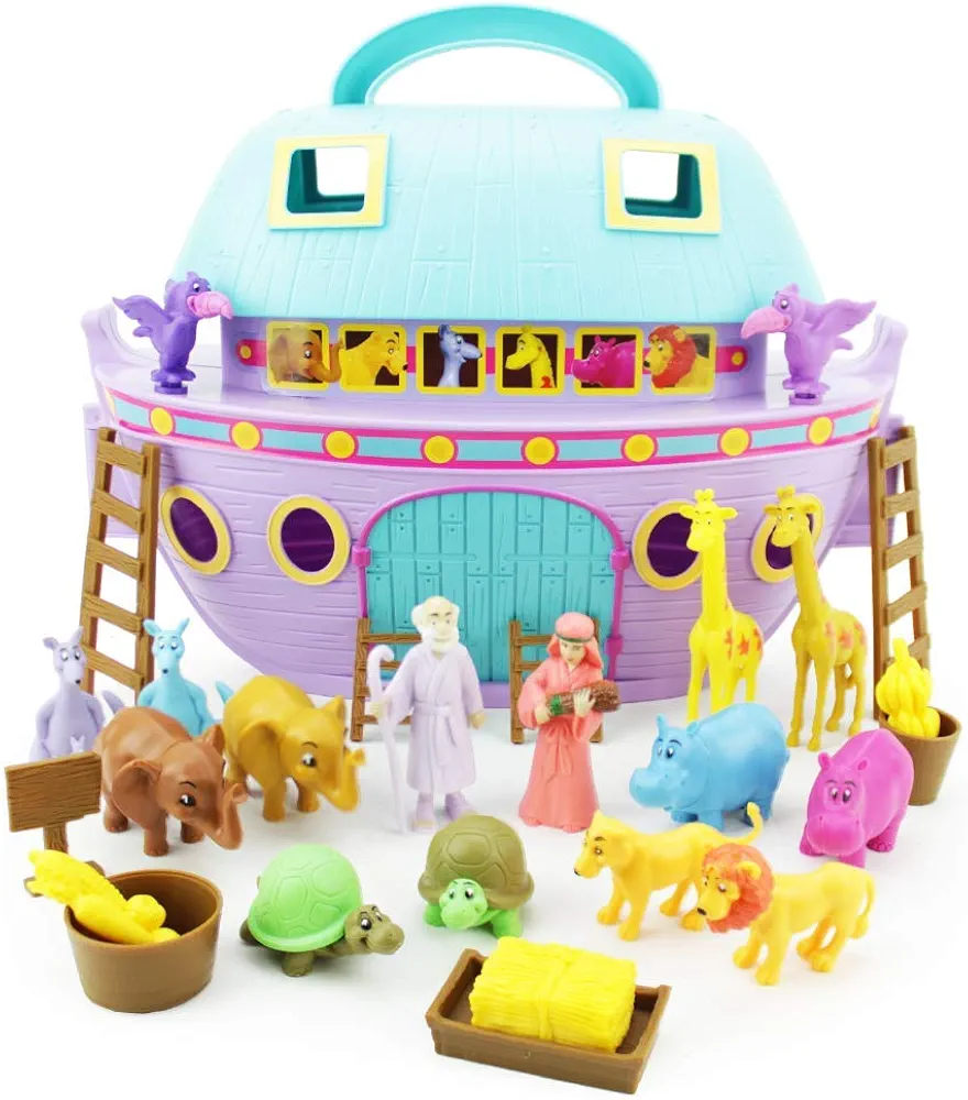 Boley Noah's Ark Playset - 29 Piece Bible Story Toys Play Set for Kids with Boat, Noah and Wife Figurines, Zoo Animals, and Barn Accessories - Biblical Play Sets for Boys and Girls