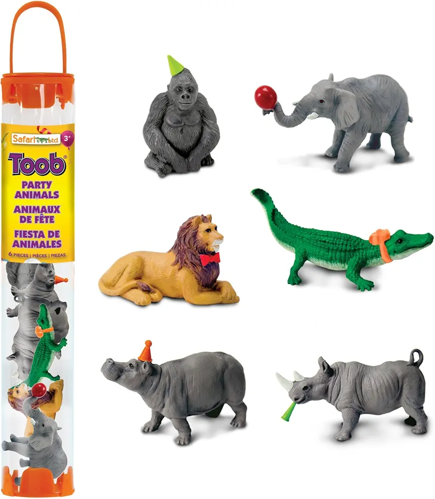 Safari Ltd. Party Animals Designer TOOB - 6 Miniature Animal Figurines - Educational Toy Set for Boys, Girls, and Kids Ages 3+