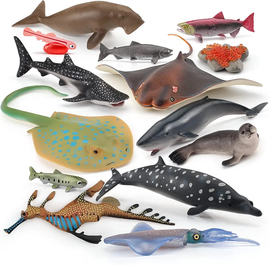 Jumbo Whale Toy Figure Set 14PCS Sea Creatures Toys for Kids Cuttlefish Figurine Sperm Whale Toys Whale Shark Model Salmon Educational Toy Shark Toys Boy Birthday Gift