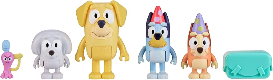 Bluey Figure 4-Pack, Pass The Parcel 2.5-3 inch, Bingo, Lucky's Dad and Lila Character Figures with Accessories